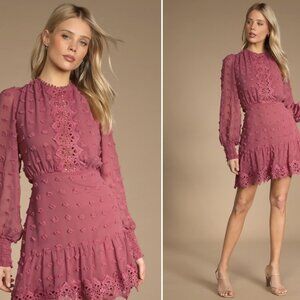 Lulus | Mauve Embroidered Lace Long Sleeve Dress | Size M